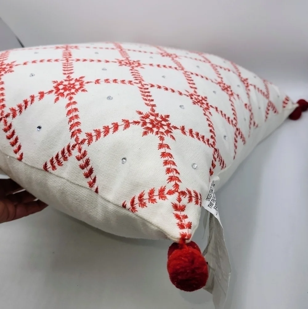 Enchanté Accessories White Red Embroidered Snowflakes Rhinestones Pompom Pillow
